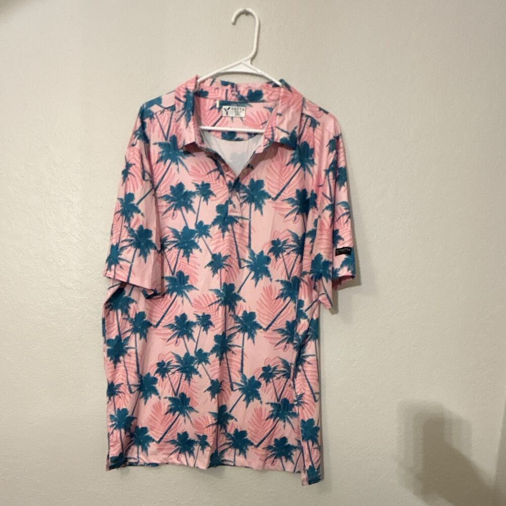 Yatta Golf Men's 2XL Pink/Blue Palm Tropical Logo Golf Polo Shirt Collared